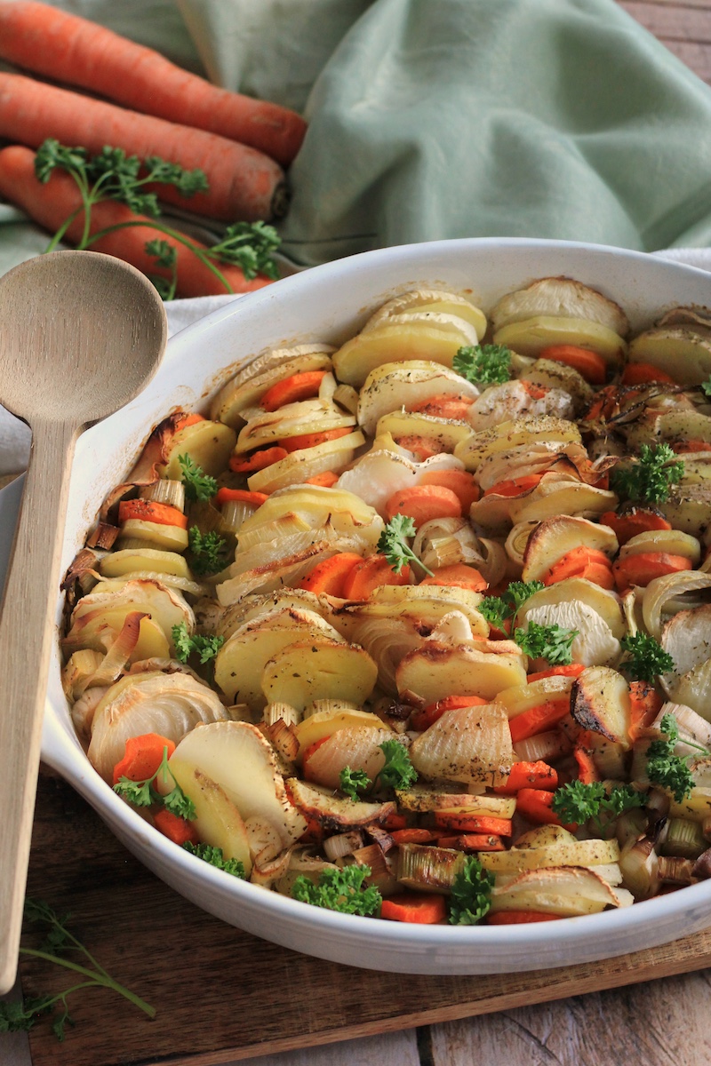 Ovenschotel met wintergroenten en aardappelen